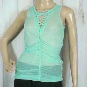 Mesh Tank Top Small Mint Green Sleeveless Lace Up Neck Ruched Vizio USA NEW